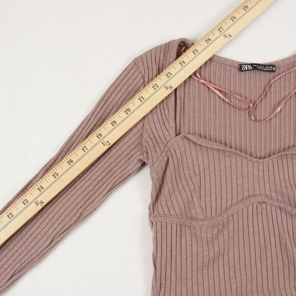 Zara Long Sleeve Brown Mauve Ribbed Long sleeve Crop Top Womens Sz S